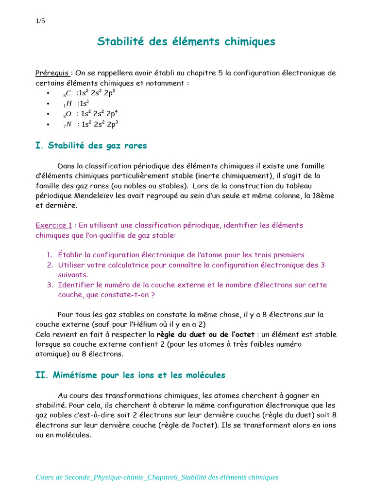 Stabilité chimique des atomes et ions | PDF | Ion | Liaison chimique