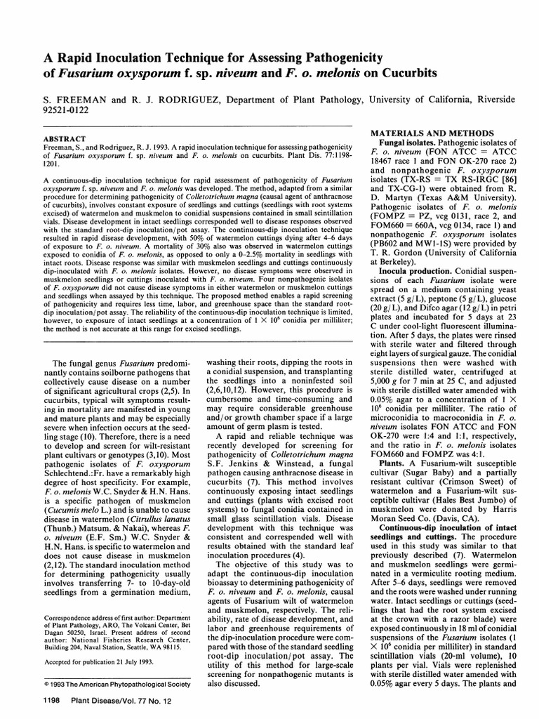 A Rapid Inoculation Technique For Assessing Pathogenicity of Fusarium ...