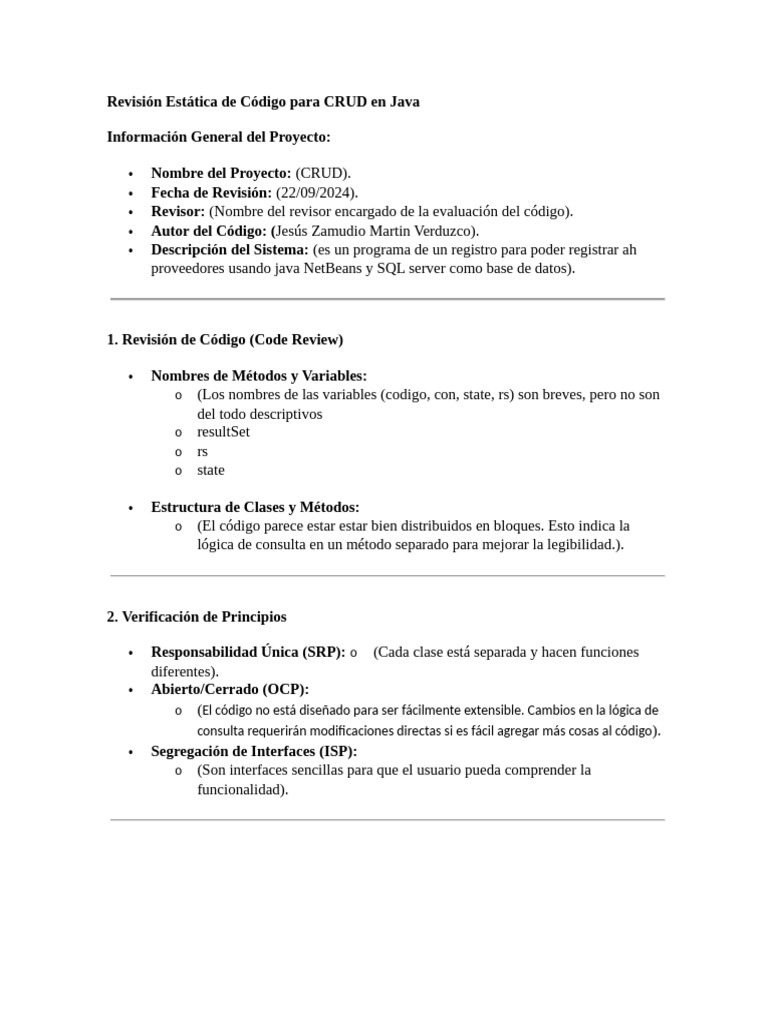 Revisión Estática de Código para CRUD en Java | PDF | Java (lenguaje de ...