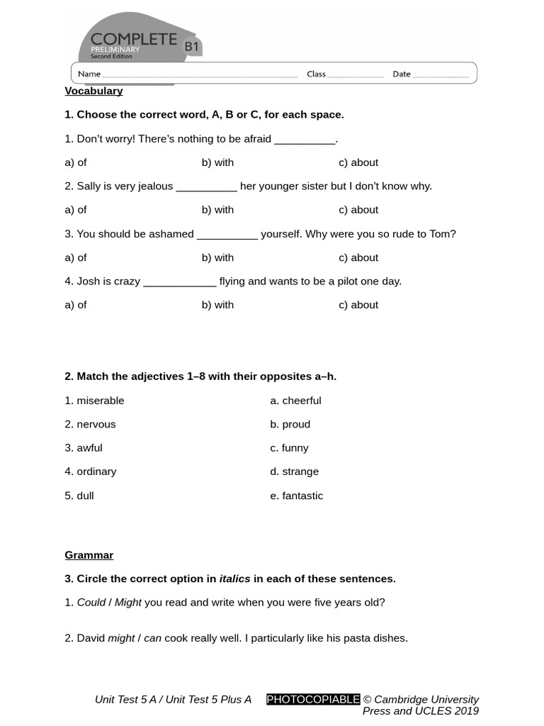Unit 5 B1 Preliminary Without Answers A Pdf Language Mechanics