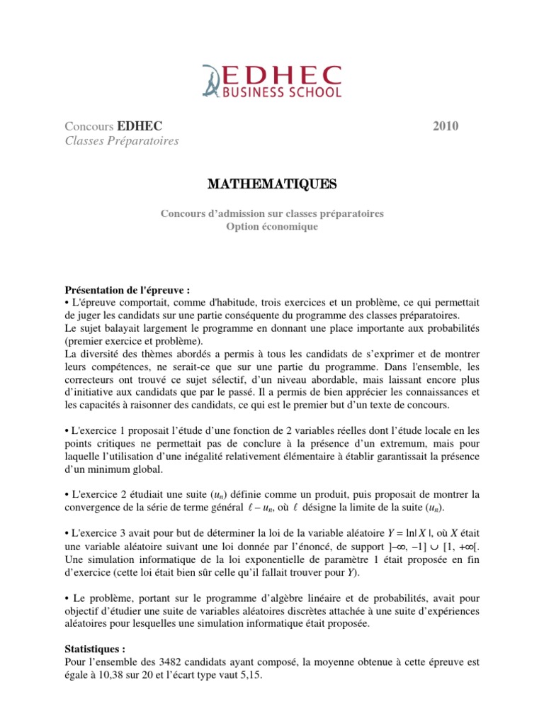 Pr-Pas 2010 - Math-Matiques Option ES Rapport | PDF | Probabilité ...