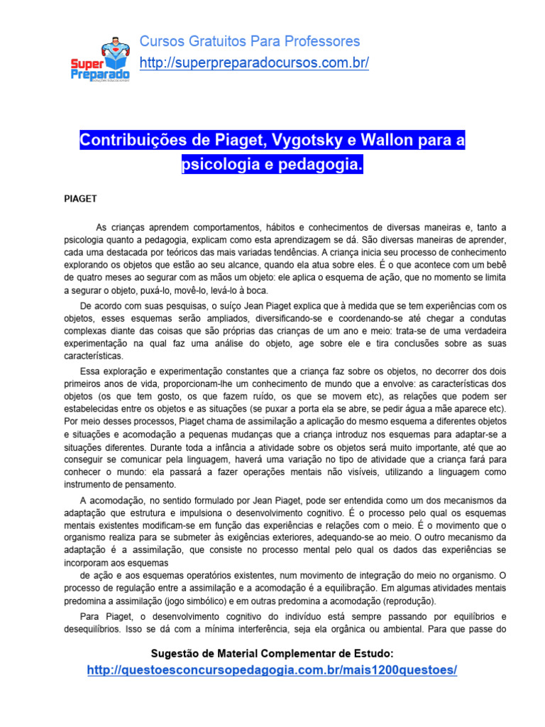 Teorias de Aprendizagem: Piaget e Vygotsky | PDF | Aprendizado | Cognição