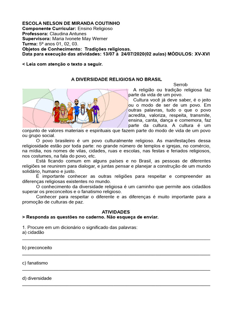 Atividades sobre Diversidade Religiosa 5º Ano | PDF