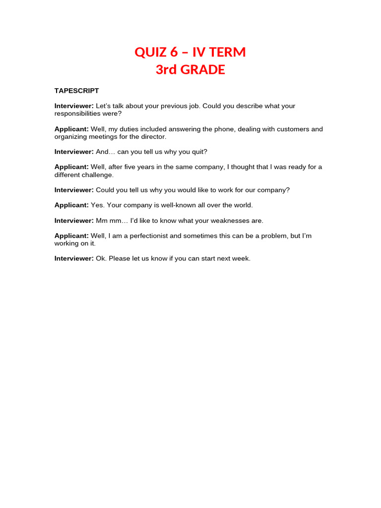 3rd Grade Job Interview Quiz Tapescript | PDF