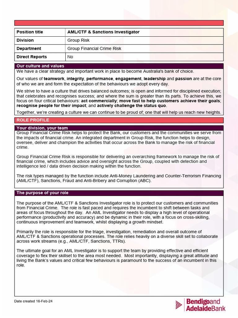 AML/CTF & Sanctions Investigator Role | PDF | Risk | Banks