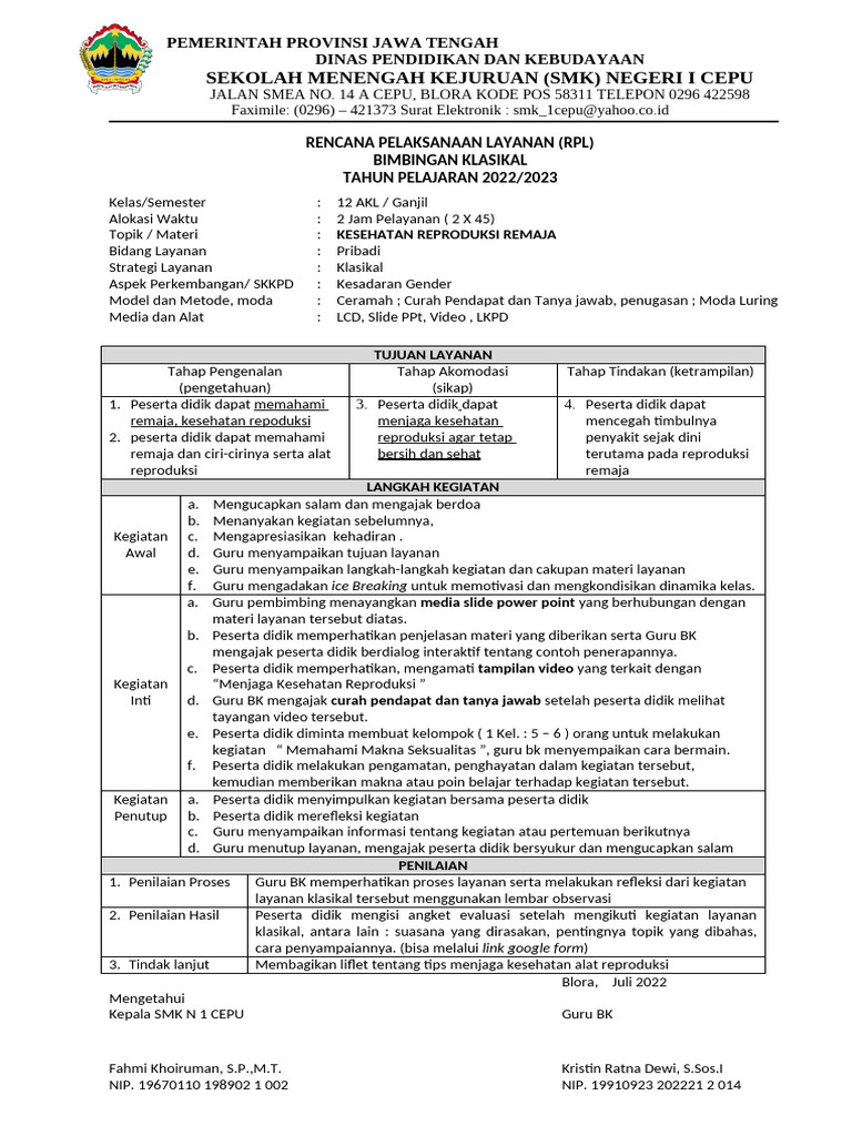RPL Kesehatan Reproduksi Remaja SMK | PDF