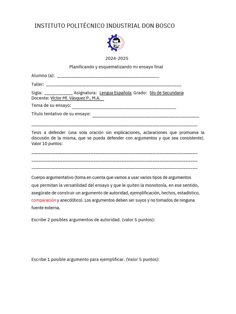Planificación de Ensayo Final 5to Secundaria | PDF