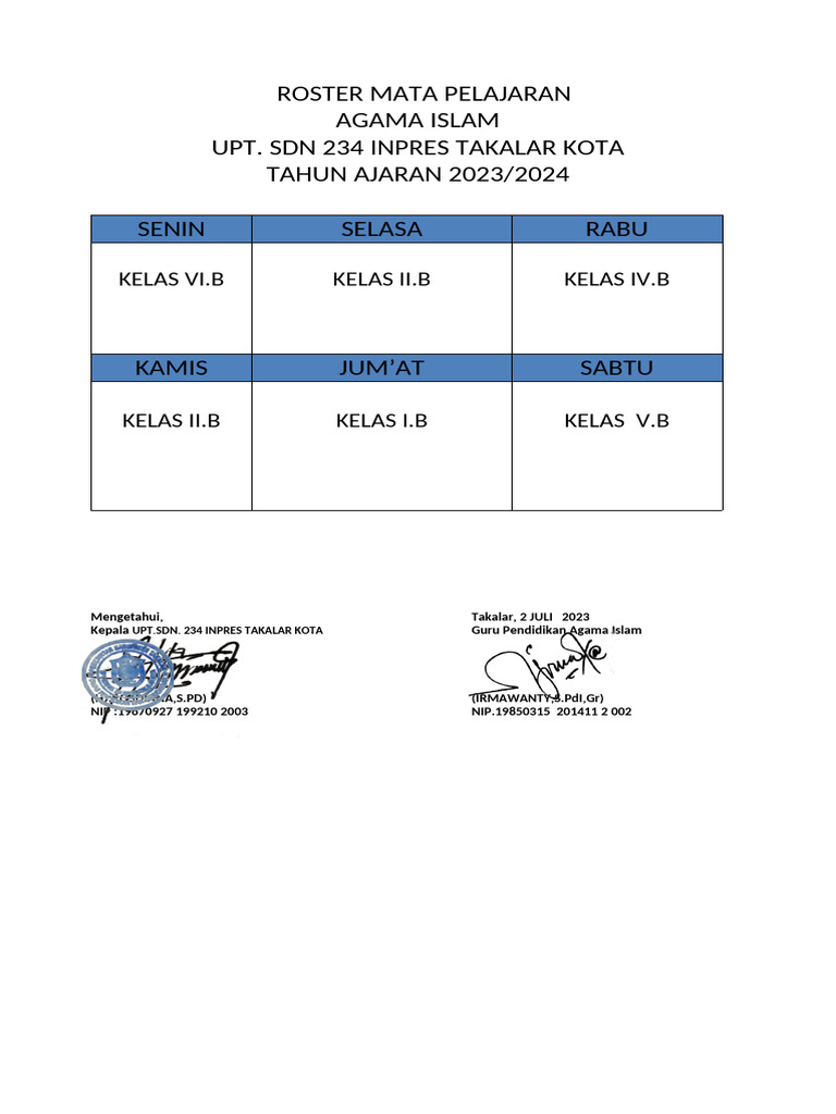 Roster Mata Pelajaran Pai | PDF