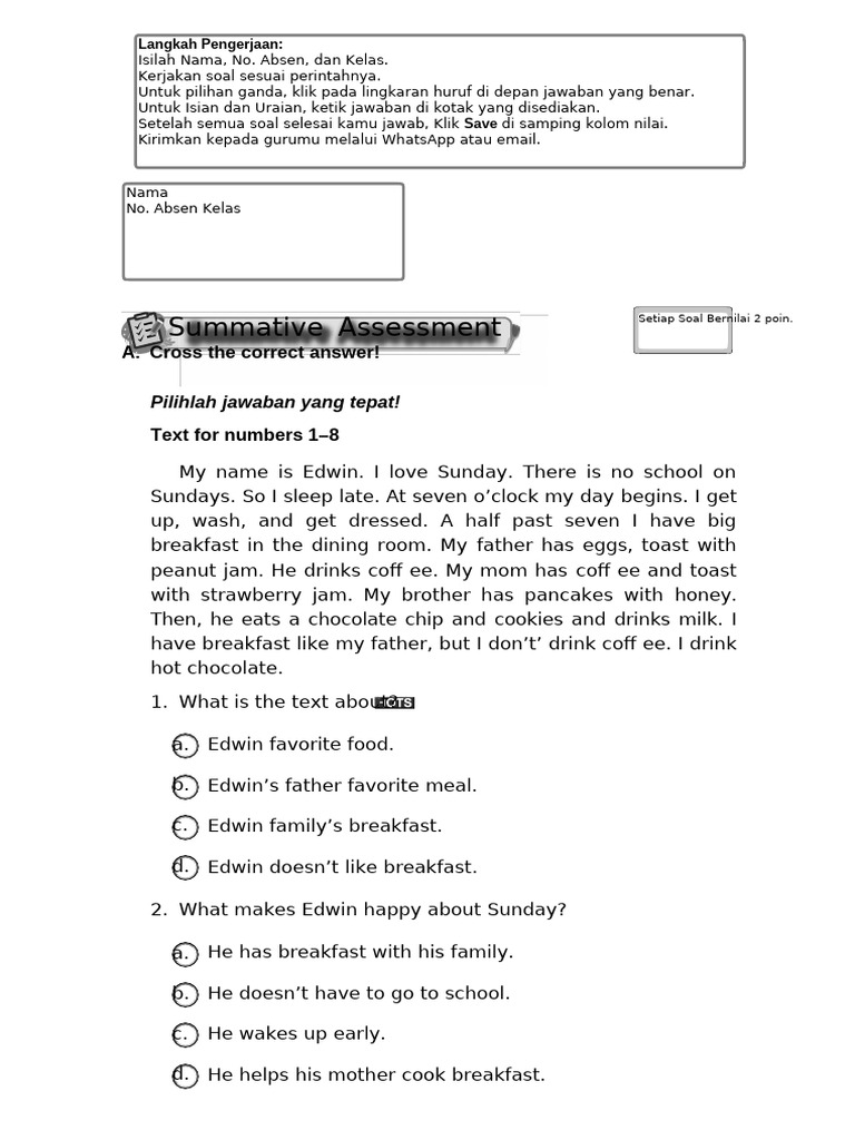 Sd Bahasa Inggris 3 Summative Assessment Unit 3 Pdf Lunch Dinner