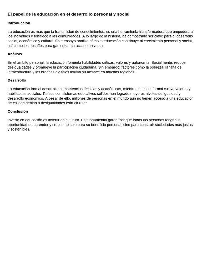 El Papel de La Educación en El Desarrollo Personal y Social | PDF