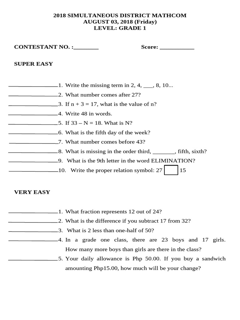 2018 District Math Competition Grades 1-4 | PDF | Area | Elementary ...