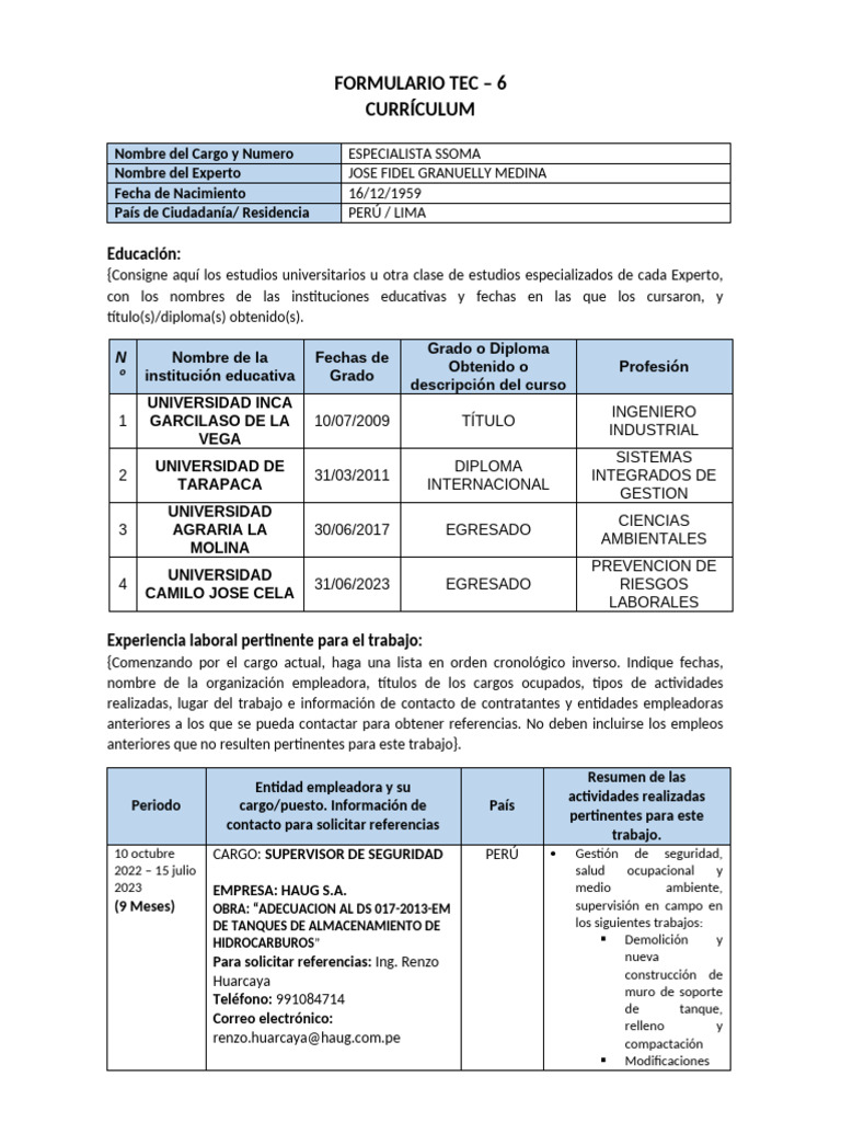 Formulario Tec - Jose Granuelly | PDF | Seguridad y salud ocupacional