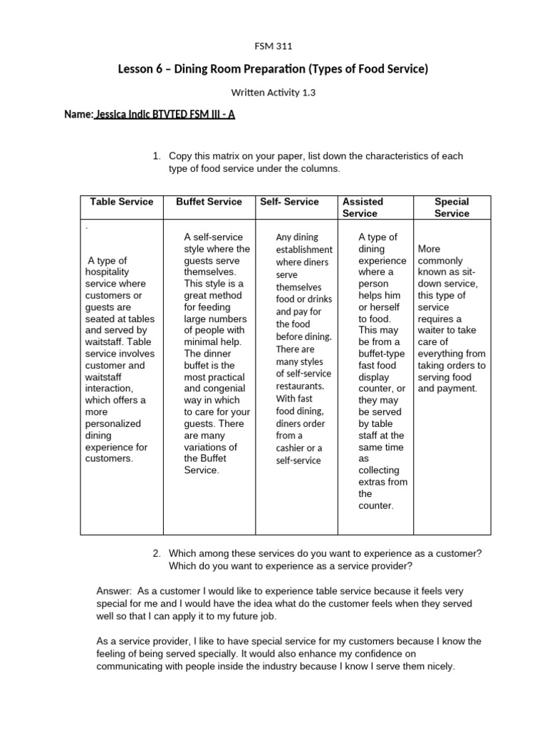 Written Activity 1.3 Types of Food Service | PDF | Restaurants ...