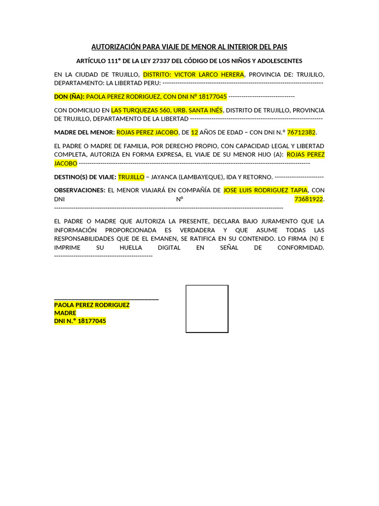 Autorización para Viaje de Menores Al Interior Del Pais | PDF
