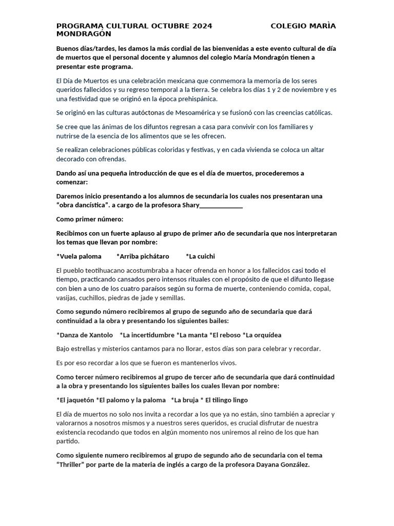 Programa Cultural Día de Muertos 2024 | PDF