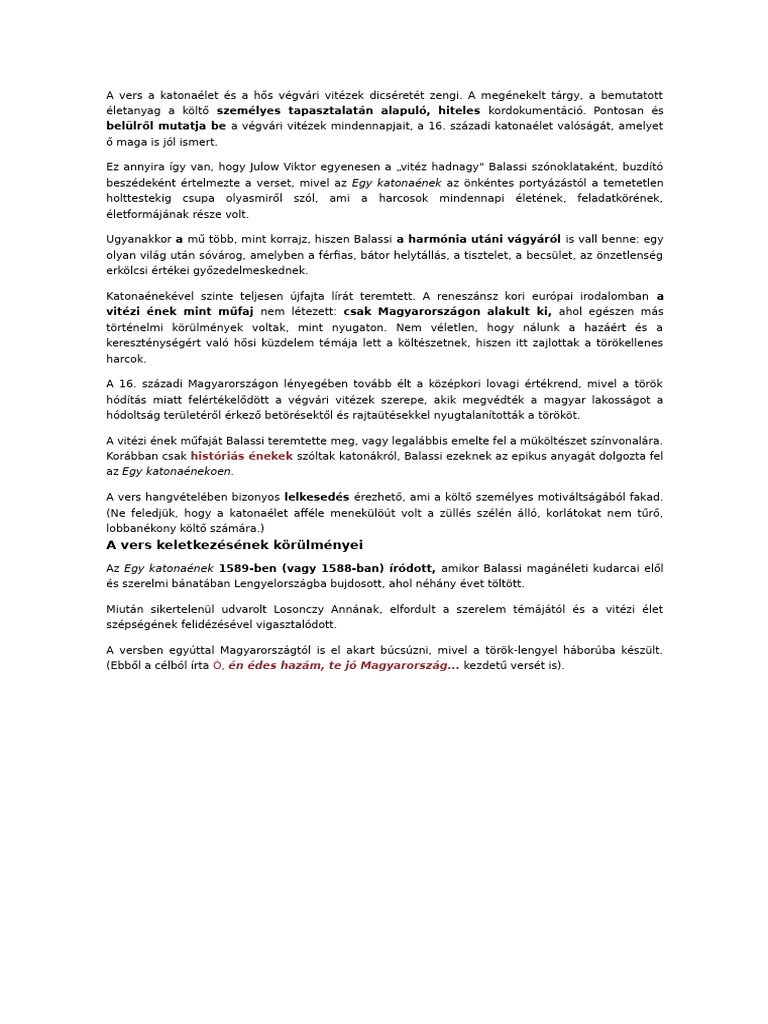 Balassi Bálint - Egy katonaének (elemzés) | PDF