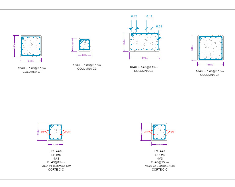 12#6 + 1#3@0.15m Columna C1 12#5 + 1#3@0.15m Columna C2 16#6 + 1#3@0 ...
