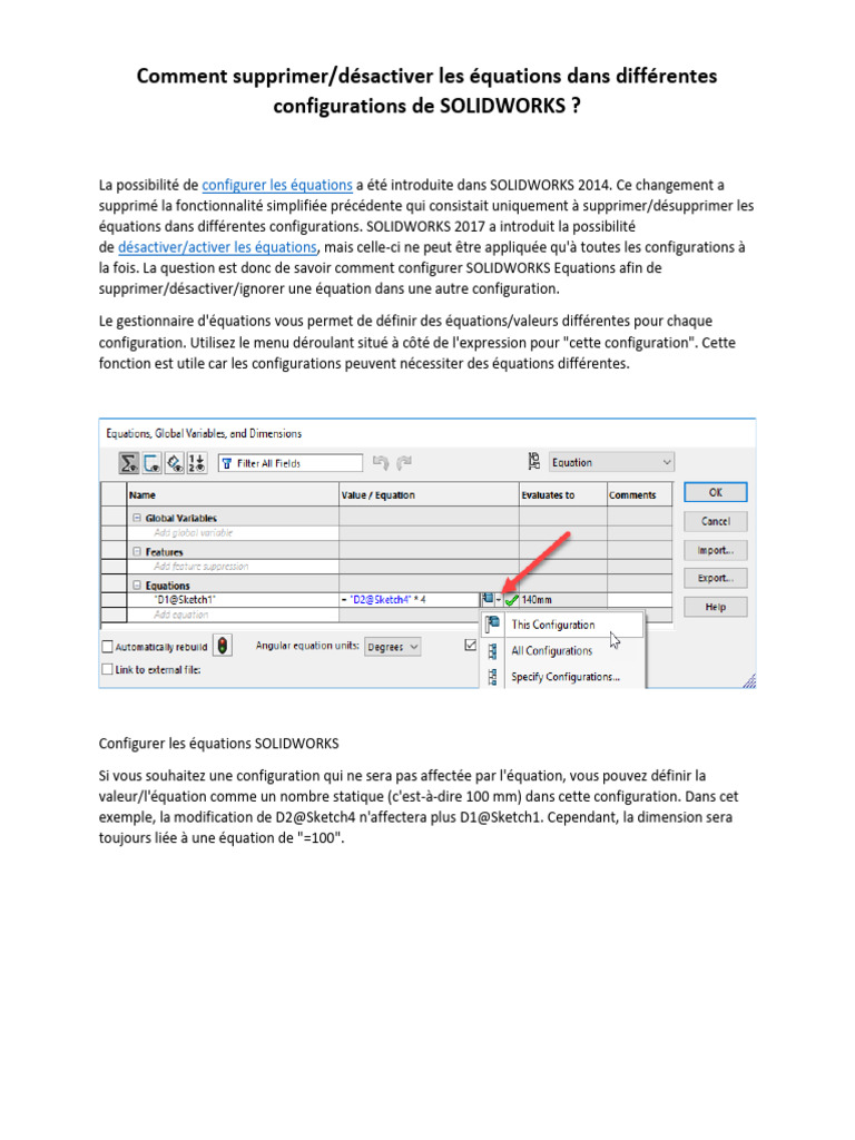 Configurer les Équations dans SOLIDWORKS | PDF