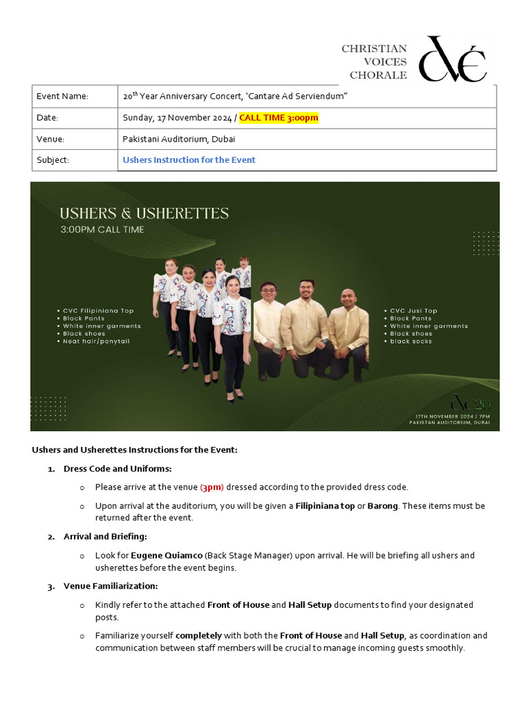 Ushers Guide for 20th Anniversary Concert | PDF