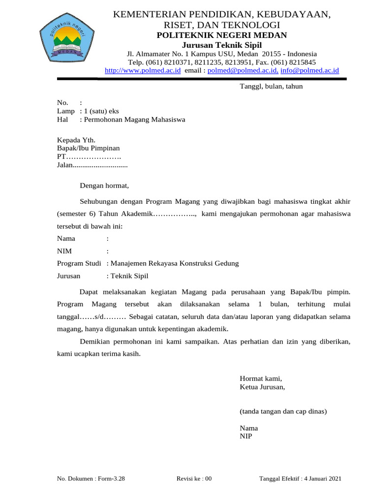 Permohonan Magang Mahasiswa Teknik Sipil | PDF