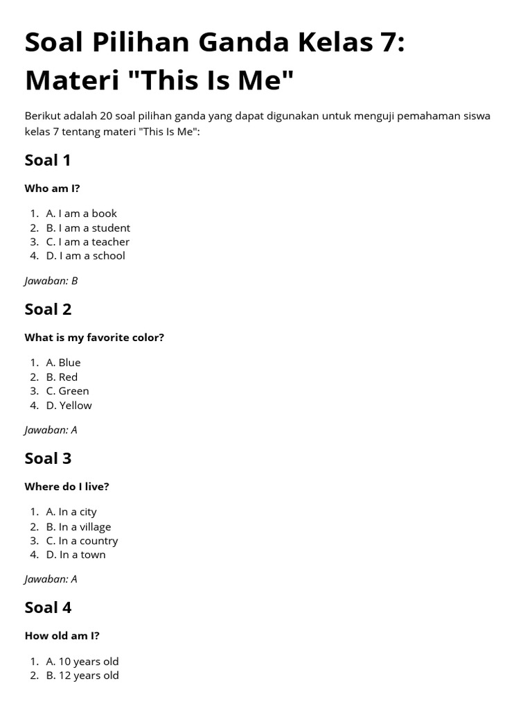 Soal Pilihan Ganda Kelas 7 Materi This Is Me - 20241129 - 092056 - 0000 ...