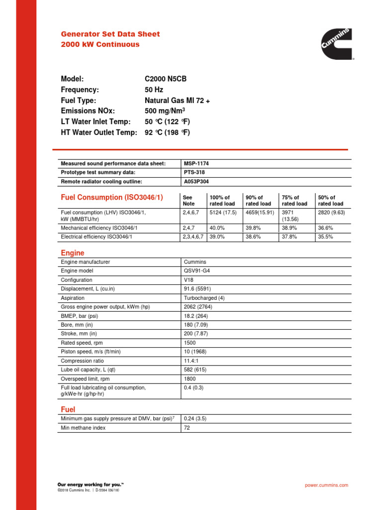 Cummins QSV91 2000 kW Generator Data | PDF | Engines | Horsepower