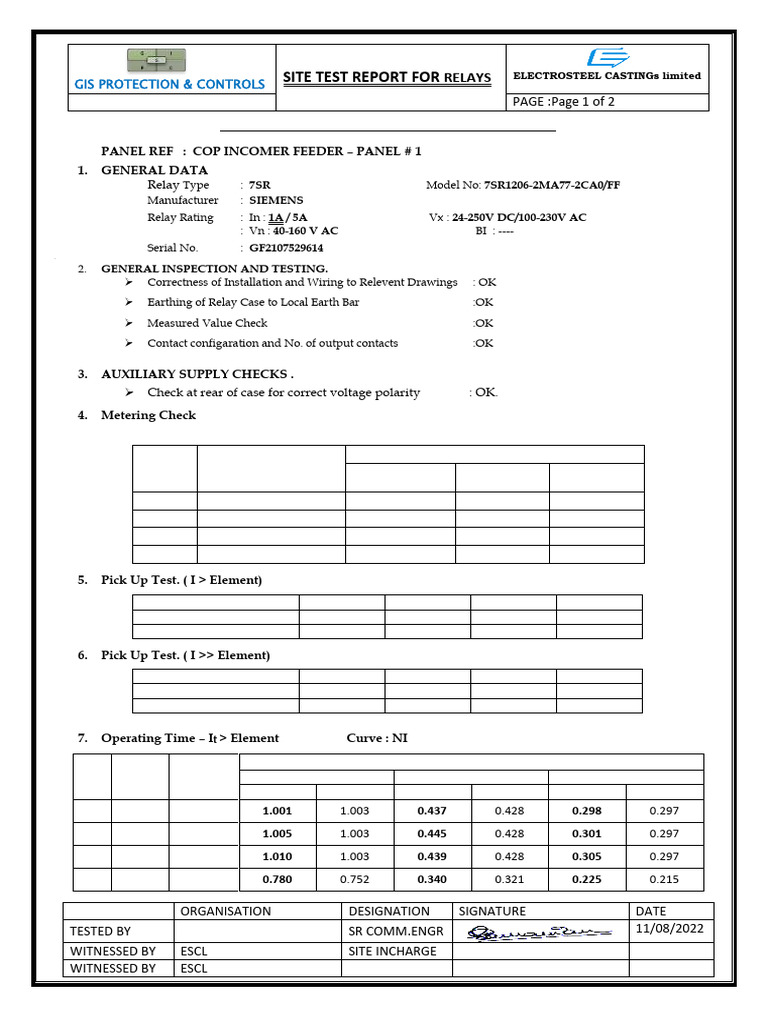 GIS Relay Test Report for Electrosteel | PDF | Relay | Alternating Current