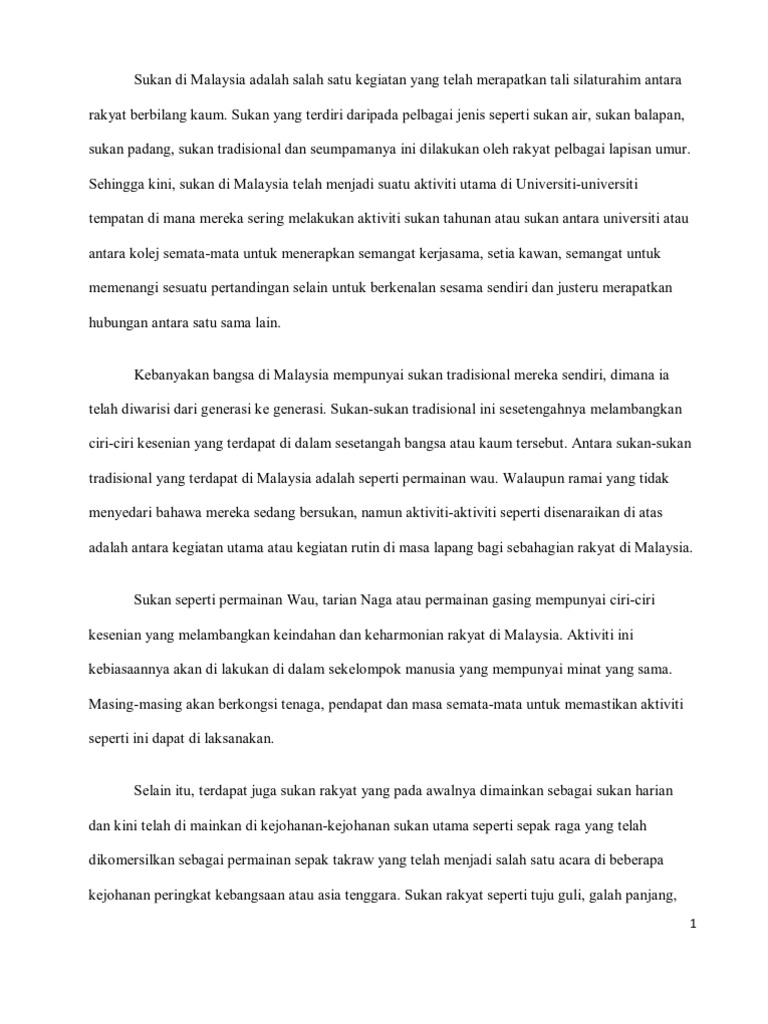 Sukan Di Malaysia Adalah Salah Satu Kegiatan Yang Telah Merapatkan Tali Silaturahim Antara Rakyat Berbilang Kaum Pdf