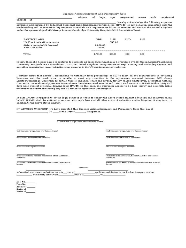CAMBRIDGE - Final Expense Acknowledgment and Promissory Note Form | PDF ...