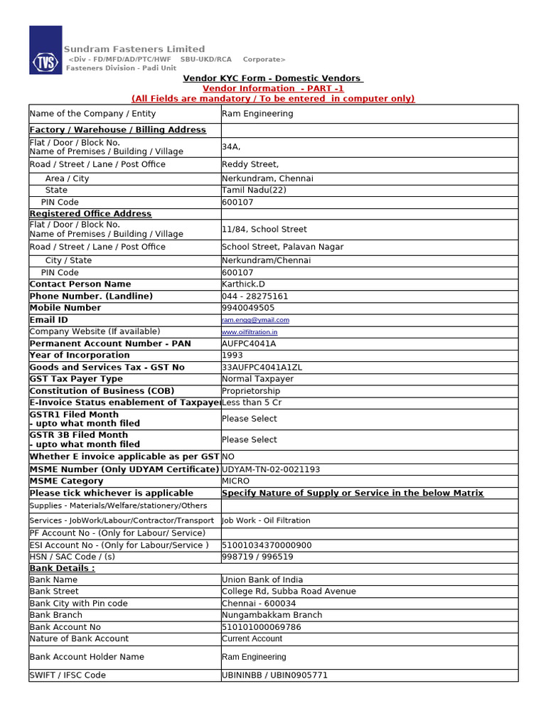Vendor Code Form - Domestic-Revised-w e f 16.08.24 | PDF | Taxes ...