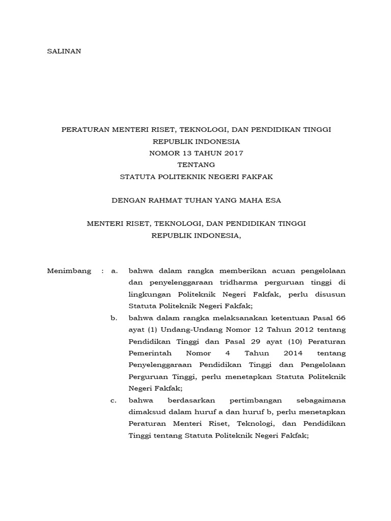 Statuta Politeknik Negeri Fakfak 2017 | PDF