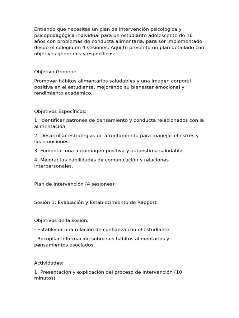 Plan de Intervención Psicológica Adolescente | PDF | Autoestima | Las ...