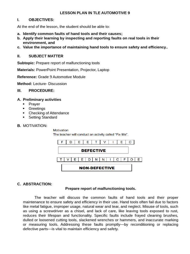Automotive Tool Faults Lesson Plan | PDF | Tools | Safety