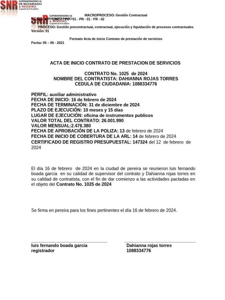 Acta de Inicio Contrato 1025 de 2024 | PDF