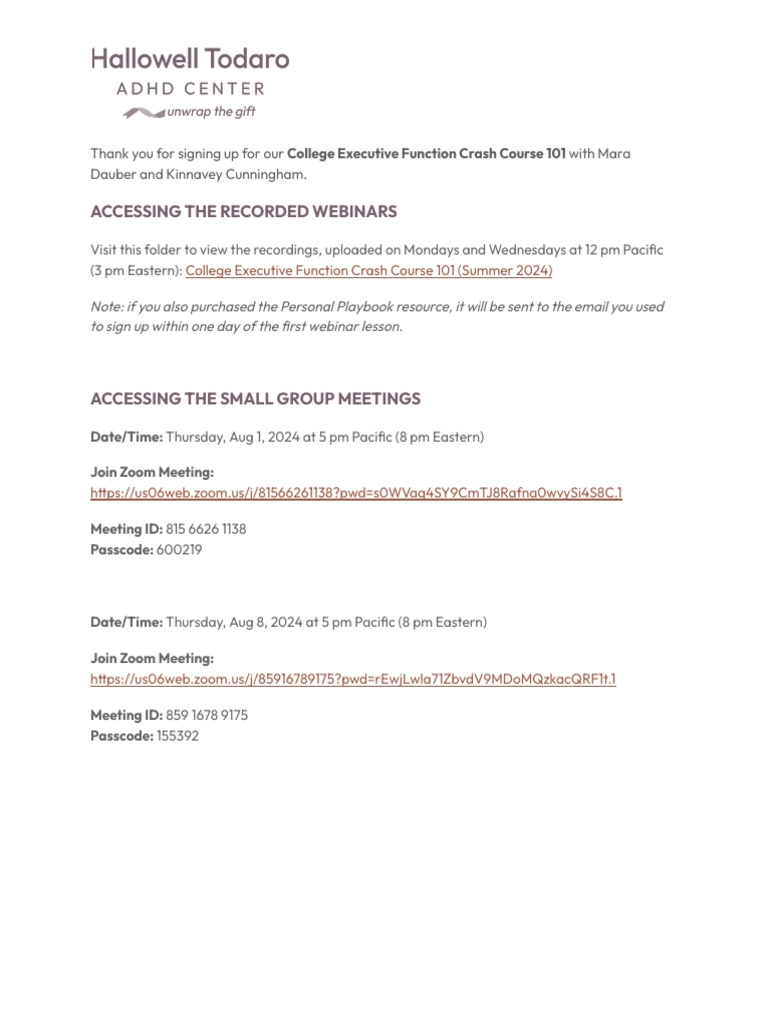 College+Crash+Course+101 Summer+2024 Webinar+and+Meeting+Links | PDF