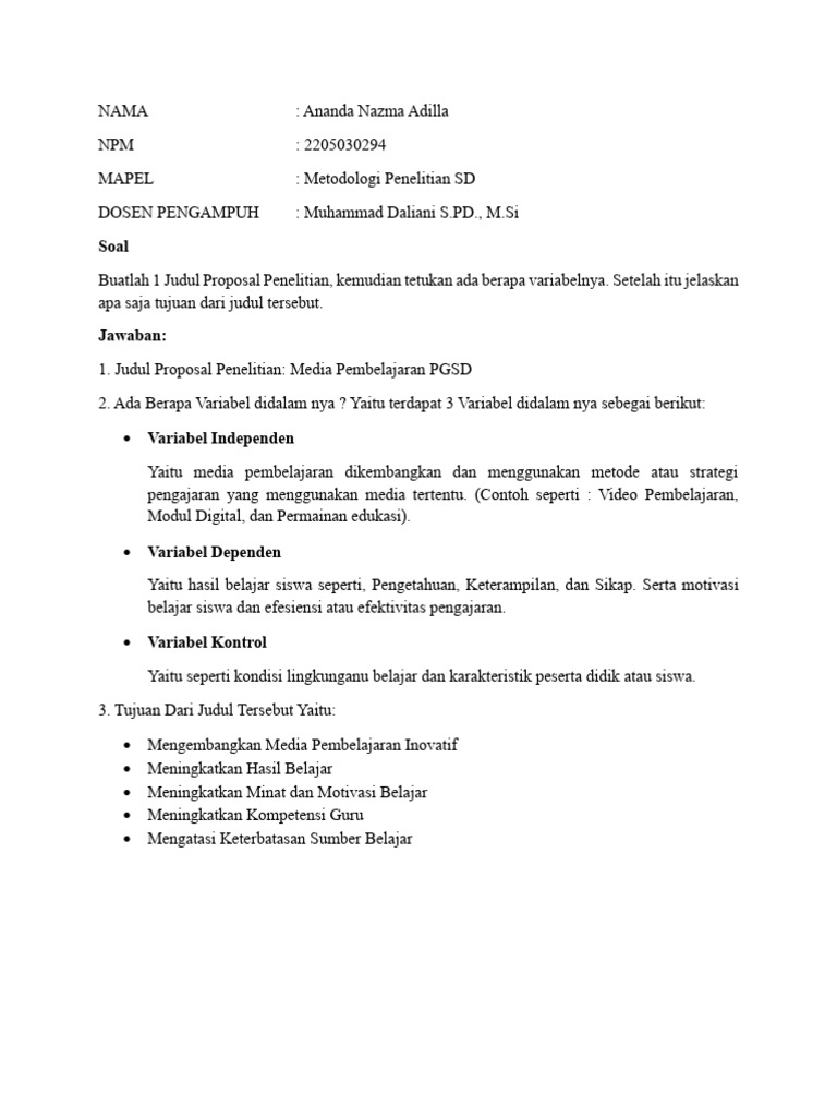 Metodologi Penelitian SD_Ananda Nazma Adilla_2205030294 | PDF