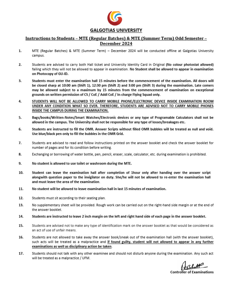MTE Exam Guidelines for December 2024 | PDF