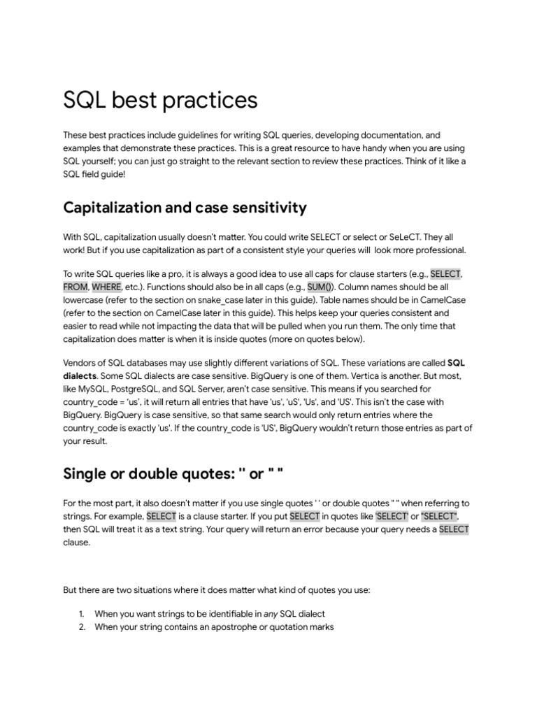 SQL Query Best Practices Guide | PDF | Sql | Regular Expression