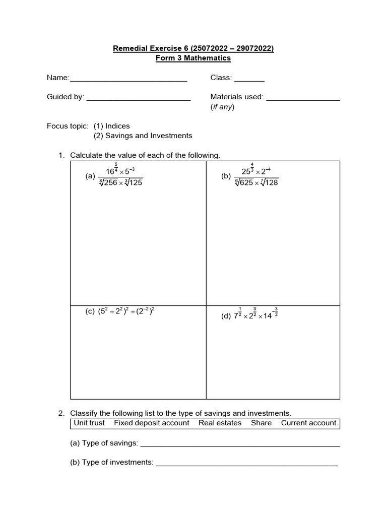 Remedial Exercise 6 (25072022 - 29072022) Form 3 Mathematics | PDF