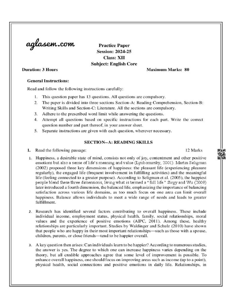 English Core Practicum Paper 2024 | PDF | Happiness | Contentment