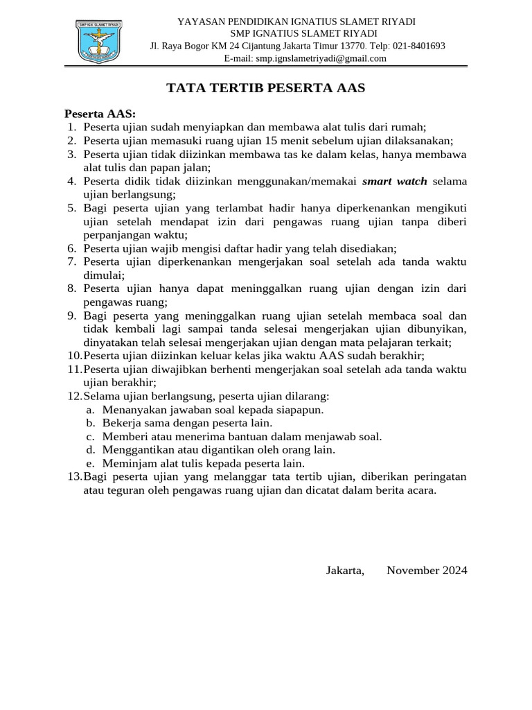 Tata Tertib Ujian SMP Ignatius RIYADI | PDF