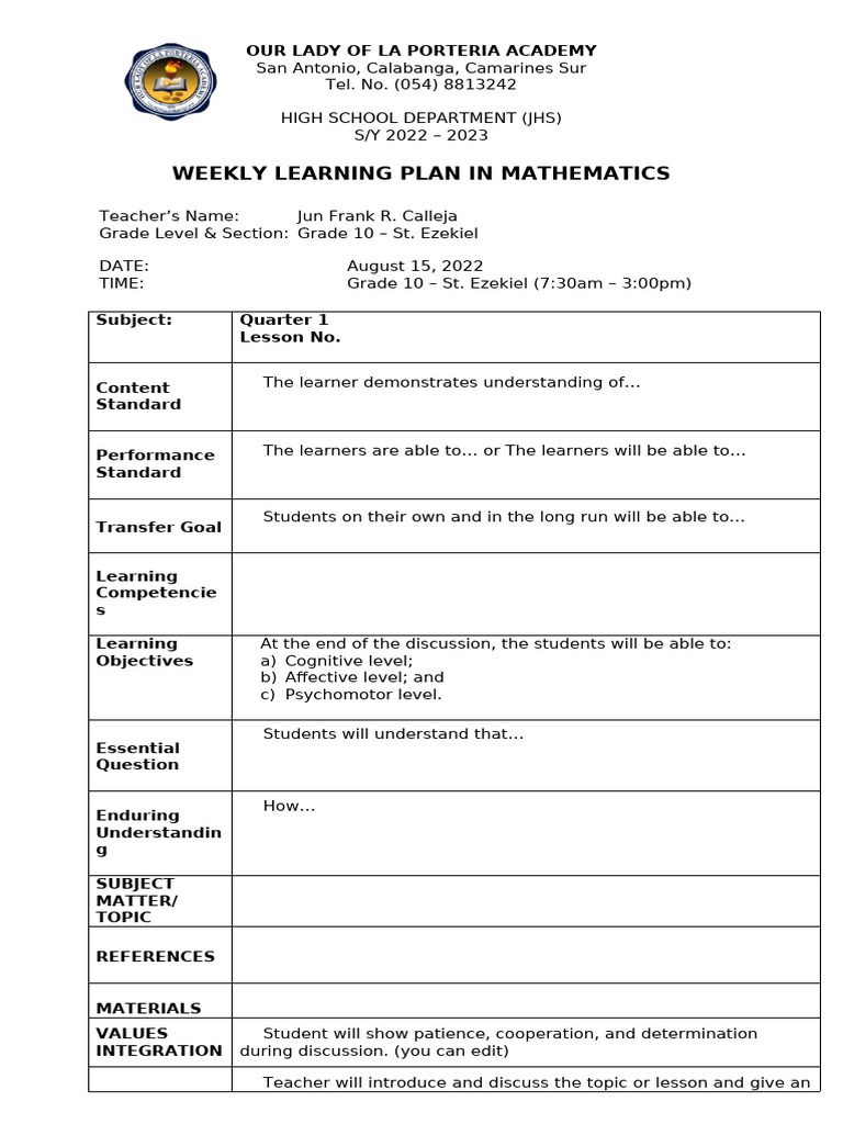 Grade 10 Math Weekly Plan 2022-23 | PDF | Learning | Human Communication