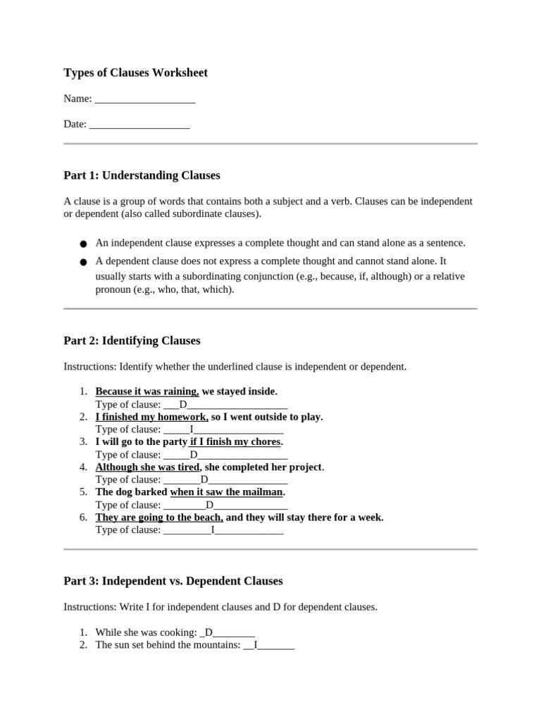 Clause Practice for Students | PDF | Clause | Sentence (Linguistics)