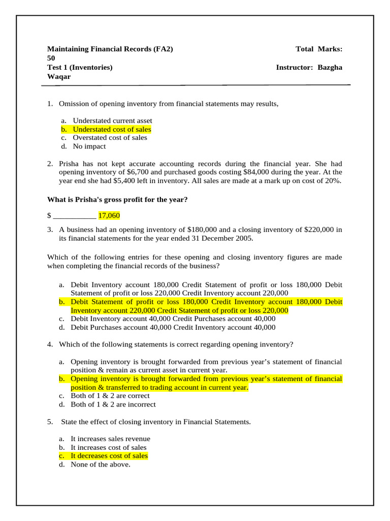 FA2 (Inventories) Test 2 | PDF | Inventory | Cost Of Goods Sold
