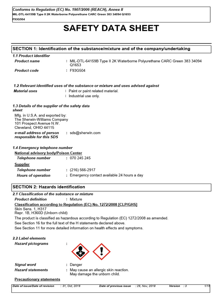 CARC Green 383 Safety Data Sheet | PDF | Toxicity | Occupational Safety ...