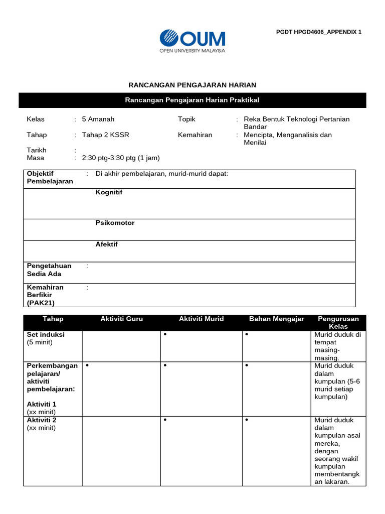 RPH Template Kelas 5 Amanah | PDF