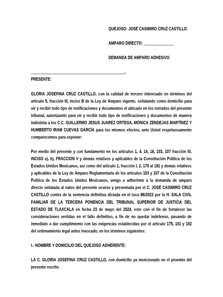 Demanda de Amparo Adhesivo en Tlaxcala | PDF | Caso de ley | Sentencia ...