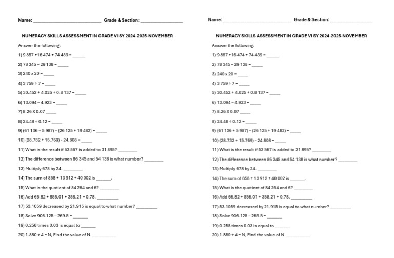 Numeracy Test Grade 6 November | PDF | Mathematics | Arithmetic