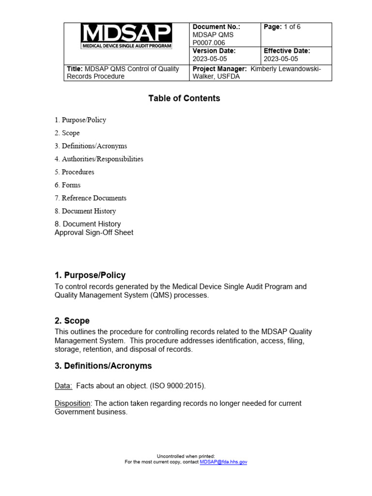 MDSAP QMS Quality Records Control | PDF | Medical Device | Records ...
