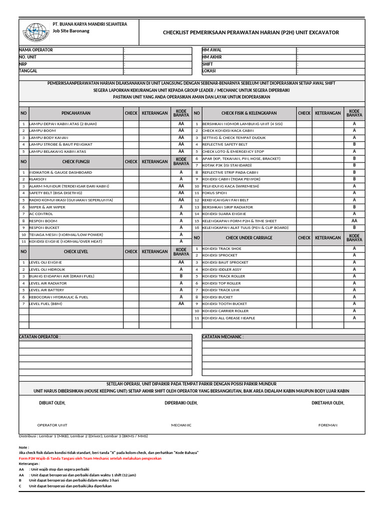 Checklist Harian Perawatan Excavator | PDF